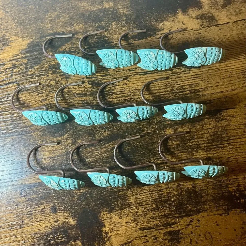 Vintage Owl Shower Curtain Hooks Set of 12 Turquoise Aqua Blue Bathroom Decor